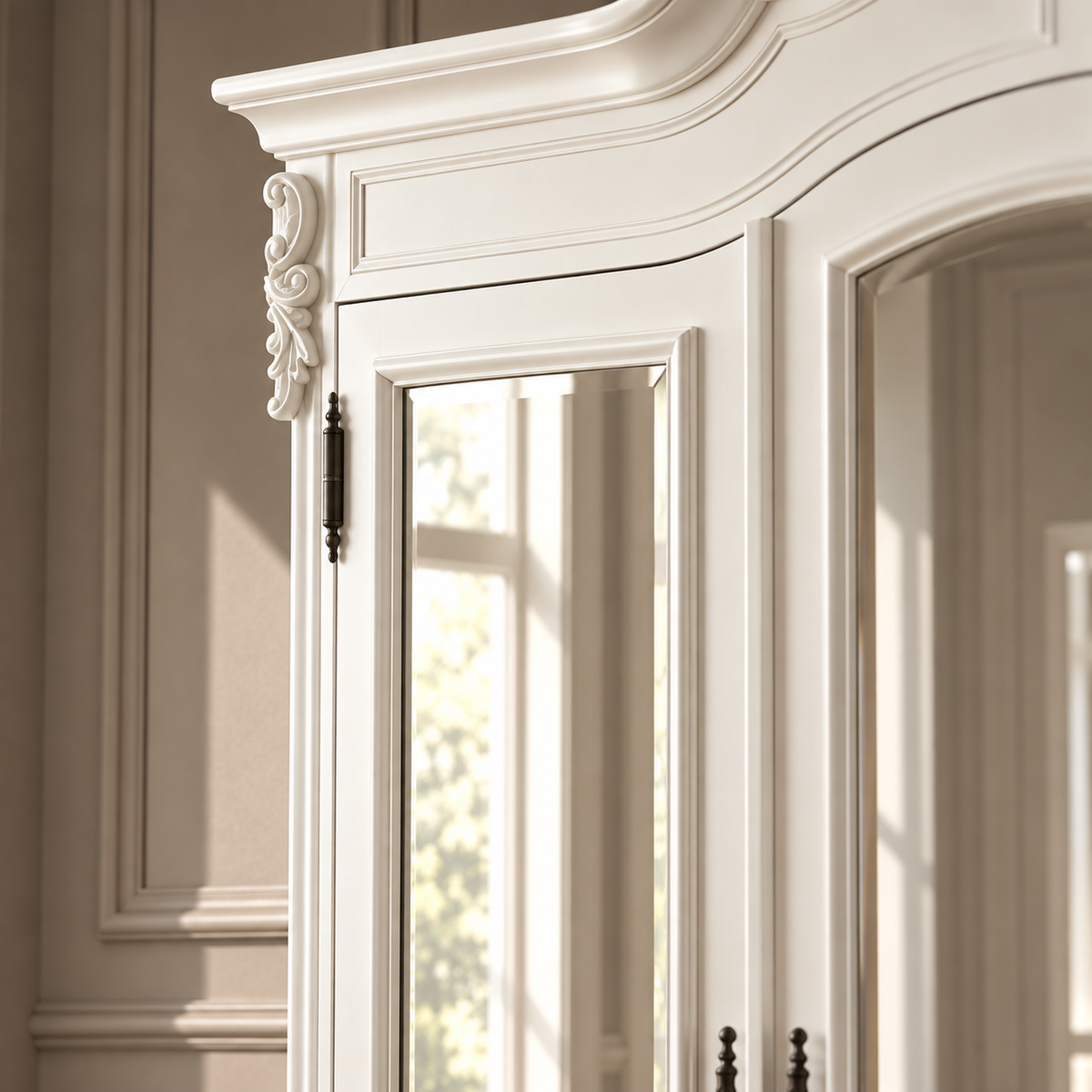 Close-up of an ornate white armoire cabinet with decorative molding, mirrored doors, and dark metal hardware in a softly lit interior.