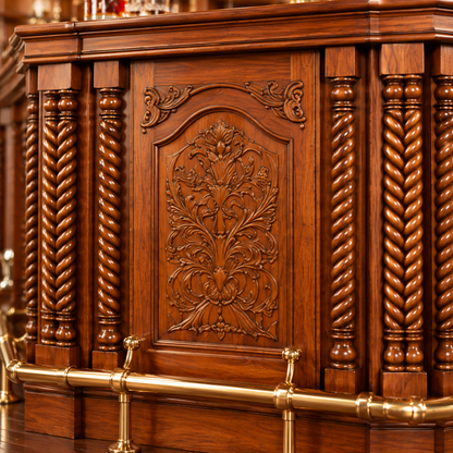 An ornate dark brown wooden bar counter featuring intricate floral carvings in the center panel and twisted rope-style columns on both sides, with a polished brass railing in front.