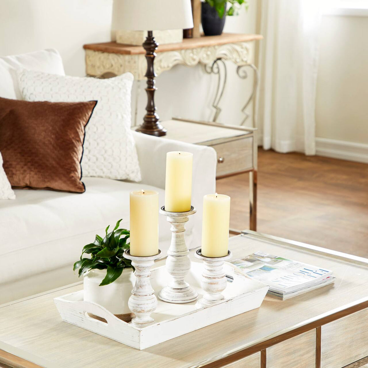 Ashes of Poetry — Distressed White Turned Wood Candle Holder Set