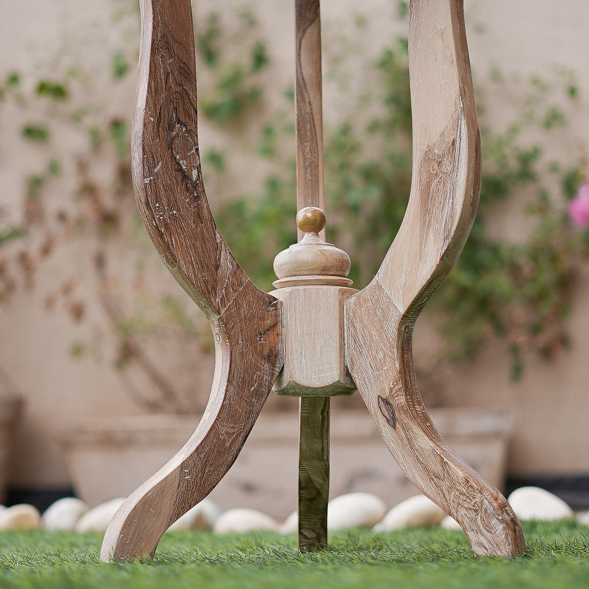 Wooden decorative stand with a blurred natural background