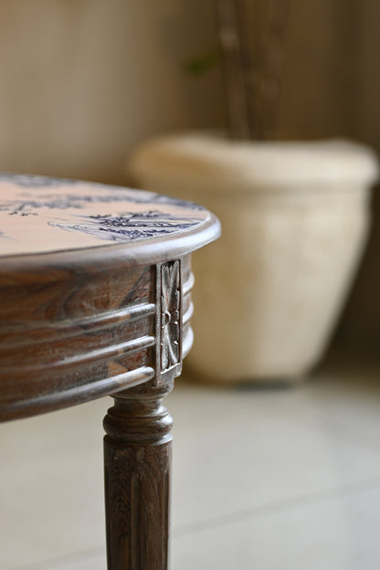 Wooden table with decorative elements on a blurred background