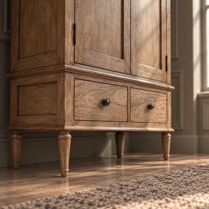 A close-up of a rustic wooden cabinet with two drawers, turned legs, and dark round knobs, set in a warm, sunlit room with hardwood floors and a textured rug.