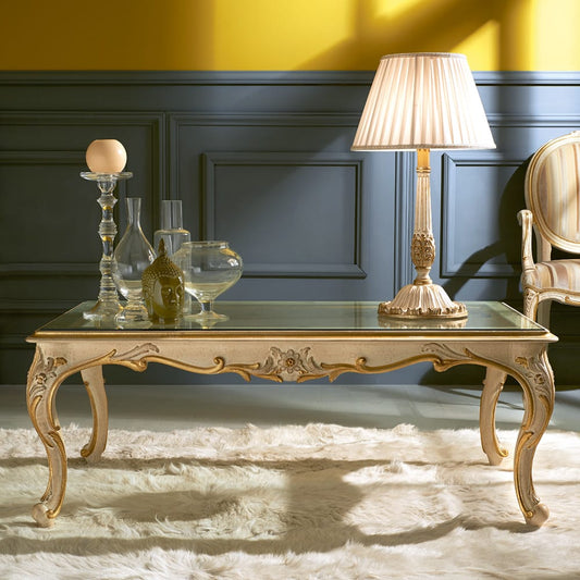 Elorienne — Ivory and Gold Rectangular Glass-Top Coffee Table