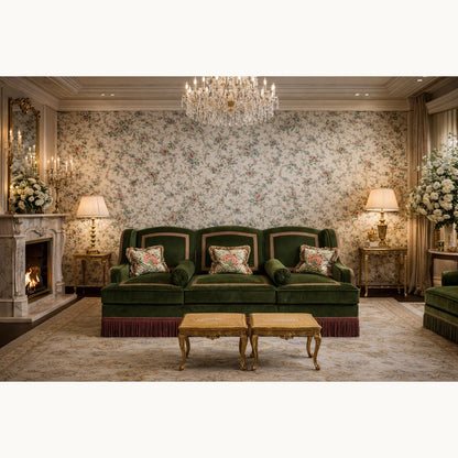 Luxurious living room with green sofa, floral wallpaper, and decorative elements.