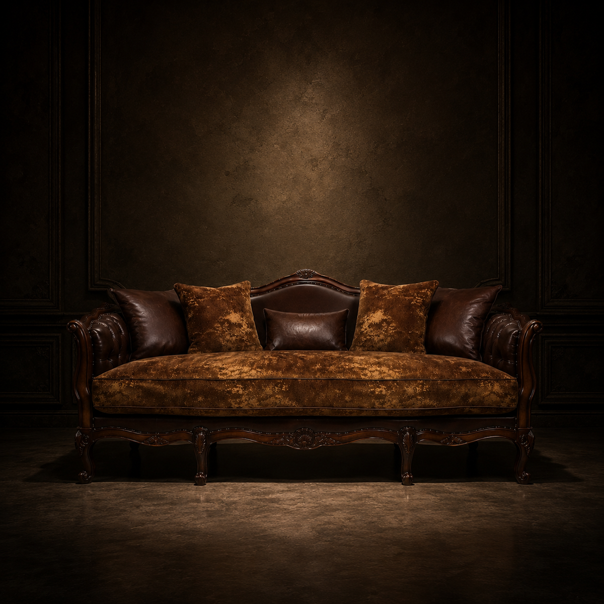 Vintage-style brown sofa with patterned cushions against a dark wall.