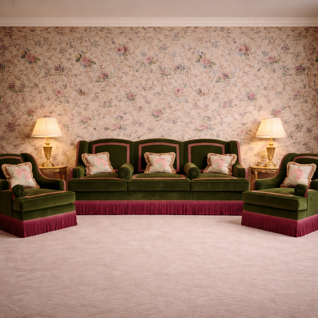 Vintage-style living room with floral wallpaper, green sofa, and matching armchairs.