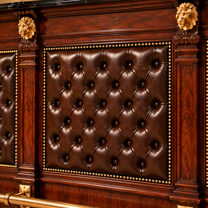A close-up of a dark brown tufted leather panel with brass nailhead trim, set against a richly carved dark wood wall with gold lion head details.