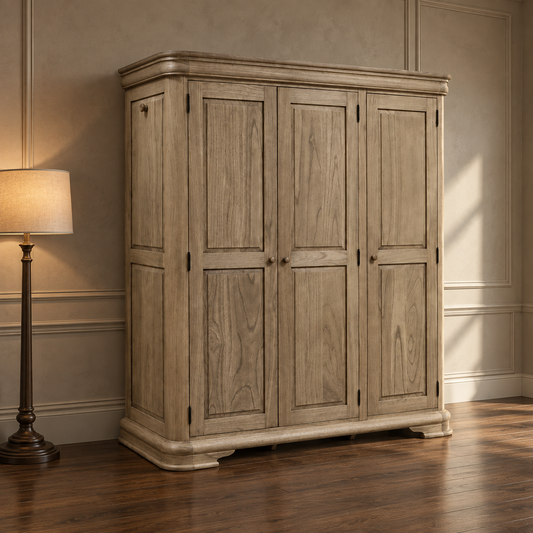 A tall rustic four-door wooden cabinet in a weathered light brown finish, set against a paneled beige wall with a lit floor lamp on the left and hardwood flooring.