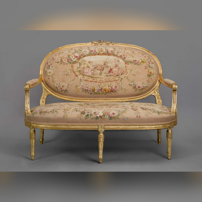 Decorative settee with floral and animal pattern on a gray background