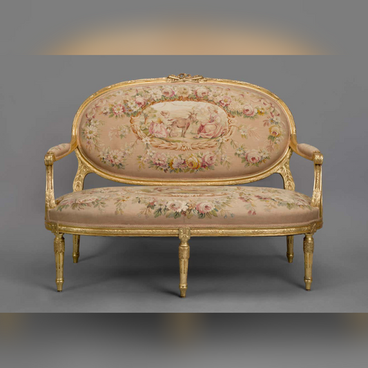 Decorative settee with floral and animal pattern on a gray background