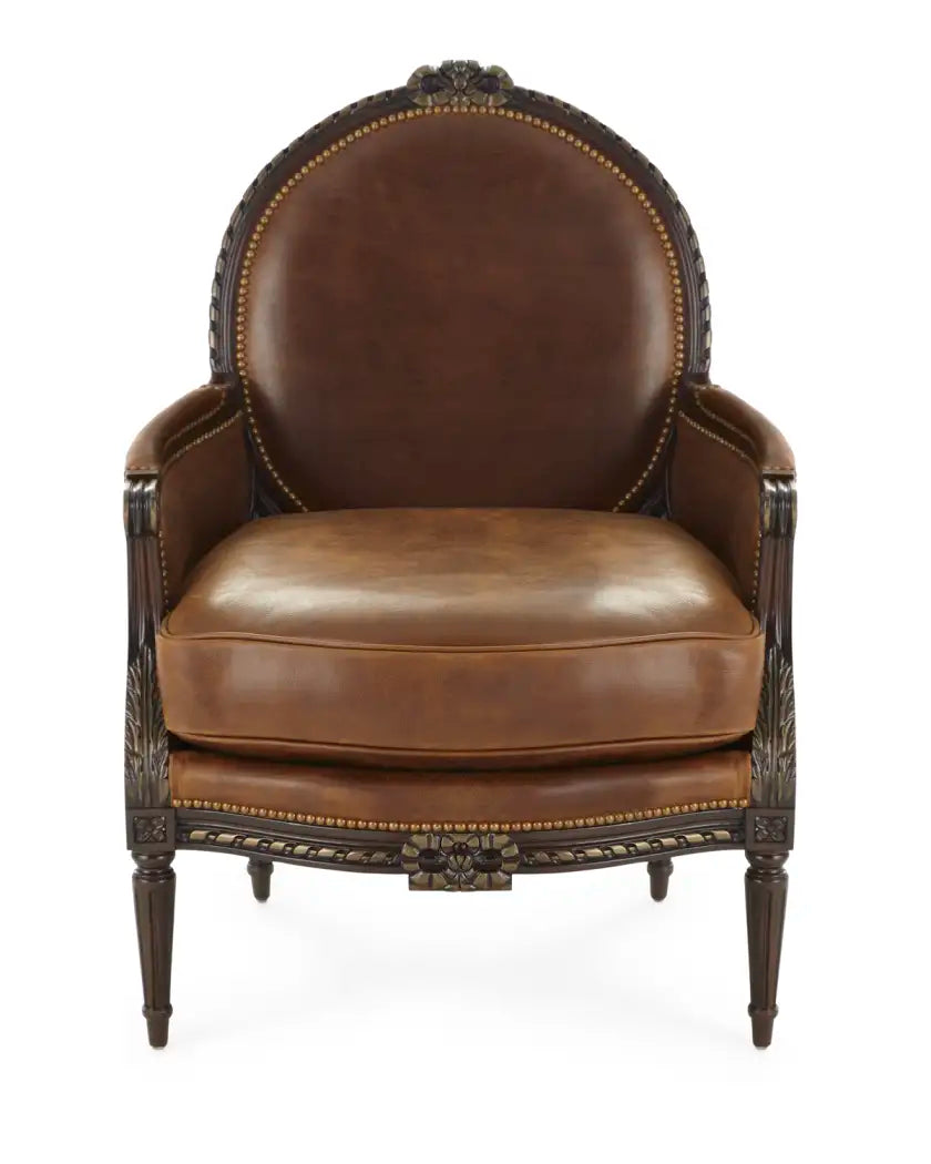 Brown leather armchair with decorative wood frame on a white background