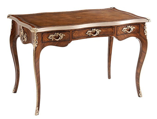 A refined mahogany veneer console table with silver accents, featuring intricate details and a polished finish.