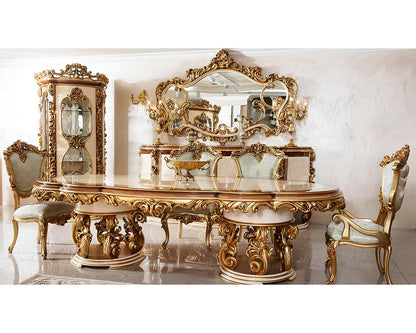 Luxurious gold dining set with ornate table and chairs on a white background