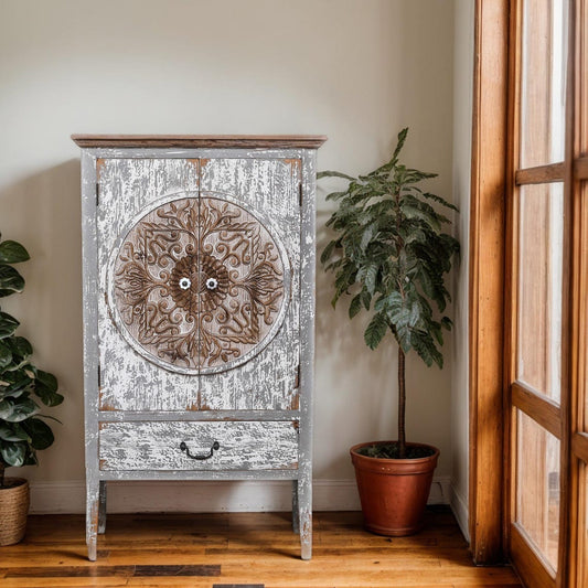 Vintage-style cabinet with decorative door in a room with plants and a wooden door.