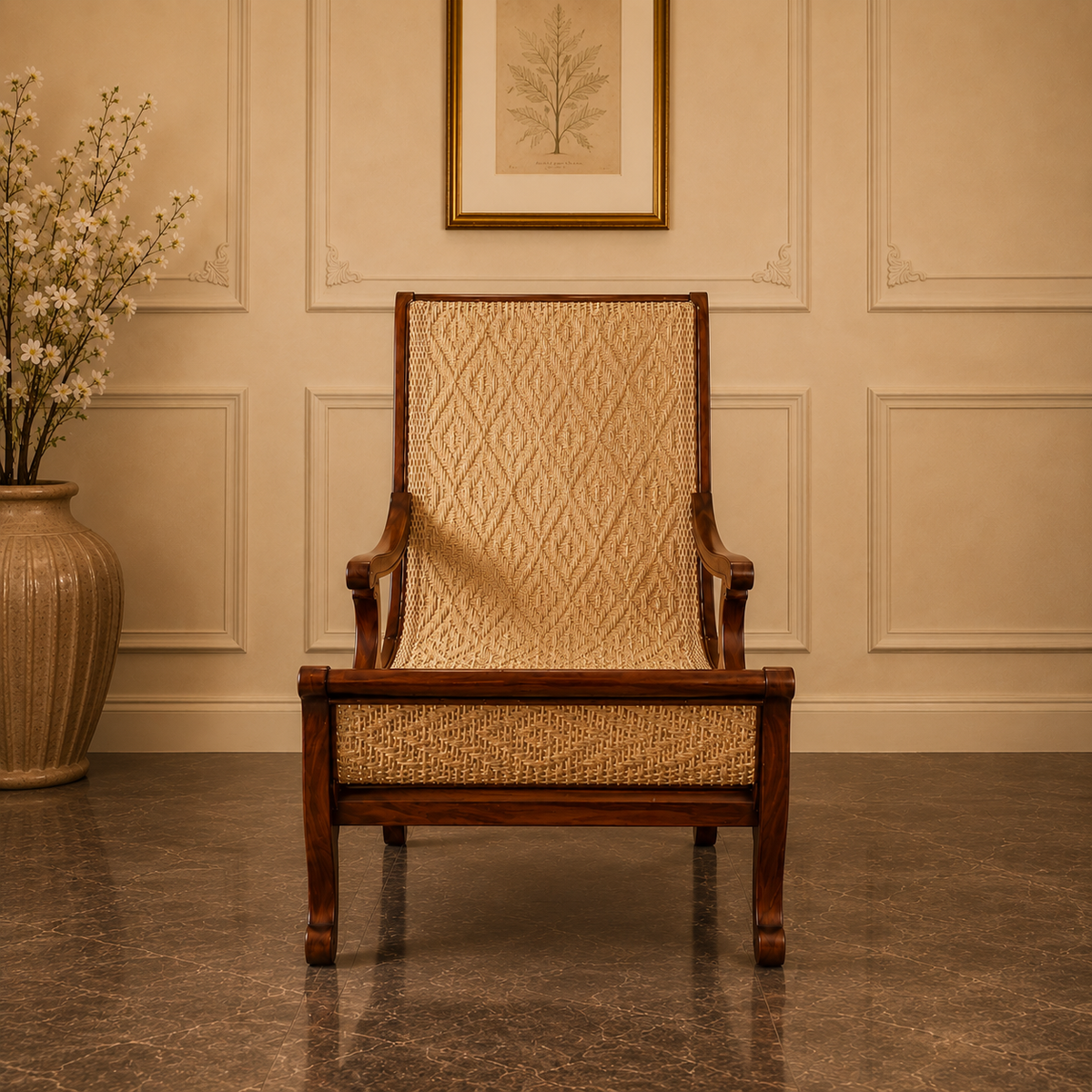 A classic wooden armchair with a woven cane backrest and seat, positioned in front of a beige paneled wall with a framed print and a large vase of white blossoms on the left.