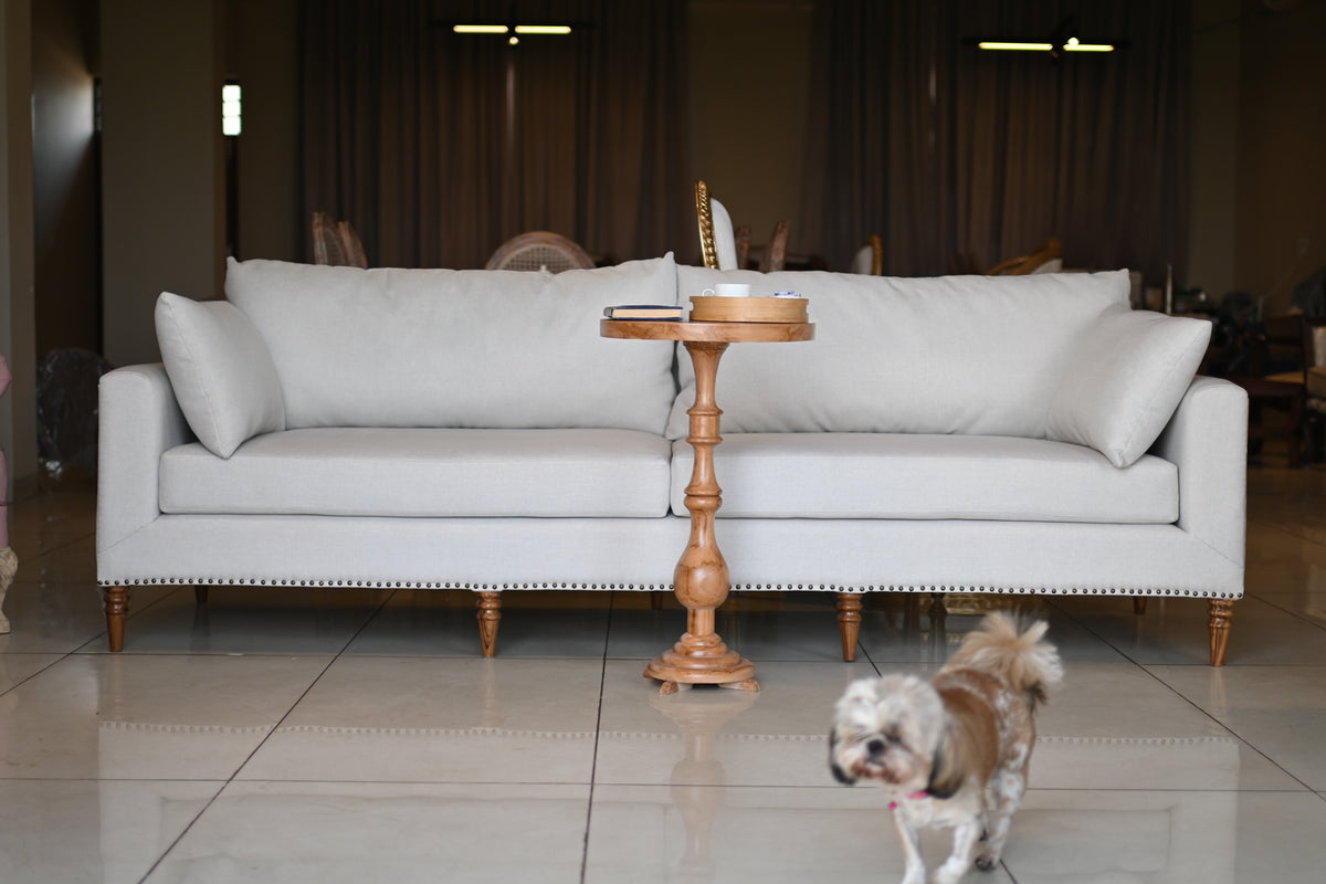 Gray sofa with a wooden side table and a dog in a room with dark curtains.