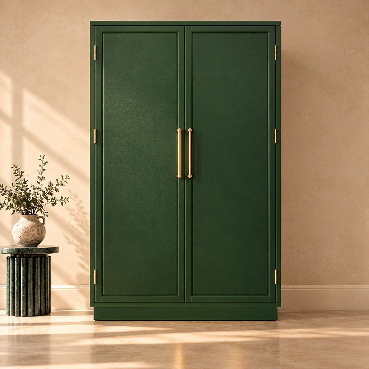 A tall dark green double-door wardrobe or cabinet with vertical gold handles, shown in a styled room setting with a beige wall, wooden floor, and a small potted plant on a side table.