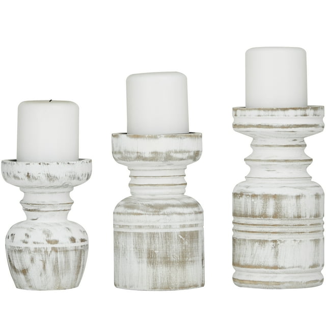 Château Blanc — Distressed White Turned Wood Candle Holder Set