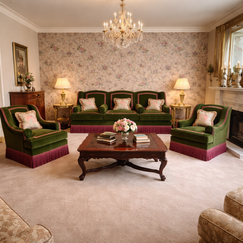 Luxurious living room with green velvet furniture, floral wallpaper, and a chandelier.