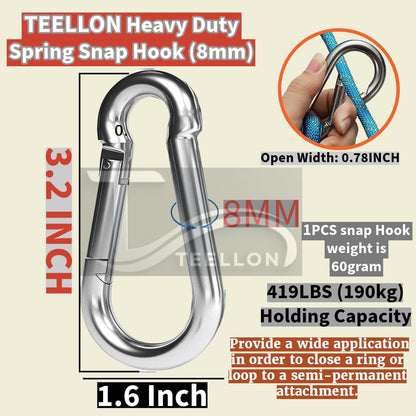 TEELLON Heavy Duty Spring Snap Hook with specifications on a beige background