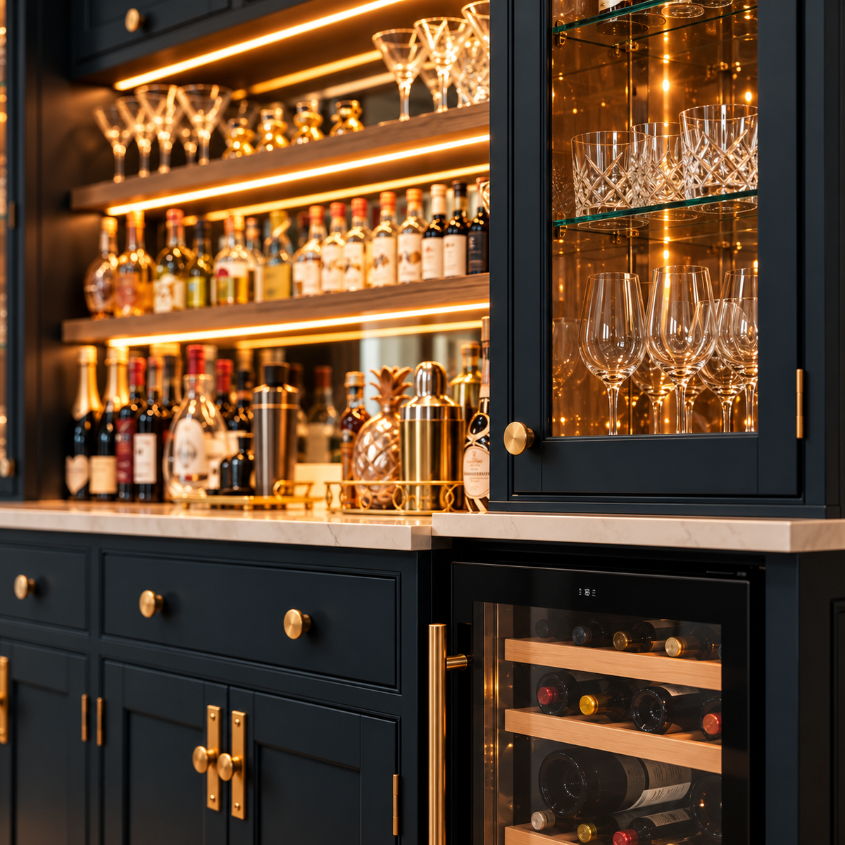 A close-up of a premium home bar setup featuring dark navy cabinets with gold hardware, a marble countertop, warm LED lighting, glassware in a cabinet, and a wine cooler with bottles.