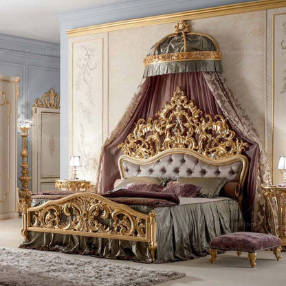 Luxurious bedroom with ornate gold bed and canopy in a opulent room.