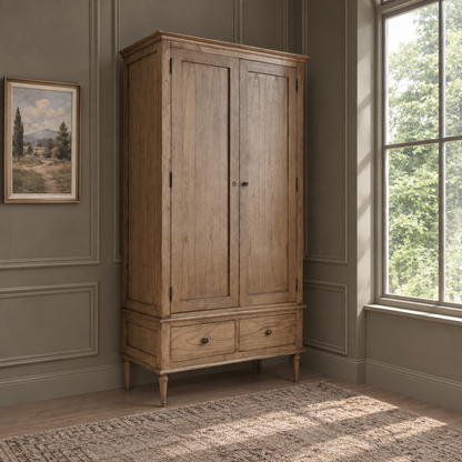 A rustic two-door wooden armoire cabinet with a single drawer base, shown in a styled room corner with paneled gray walls, a window, and a rug.