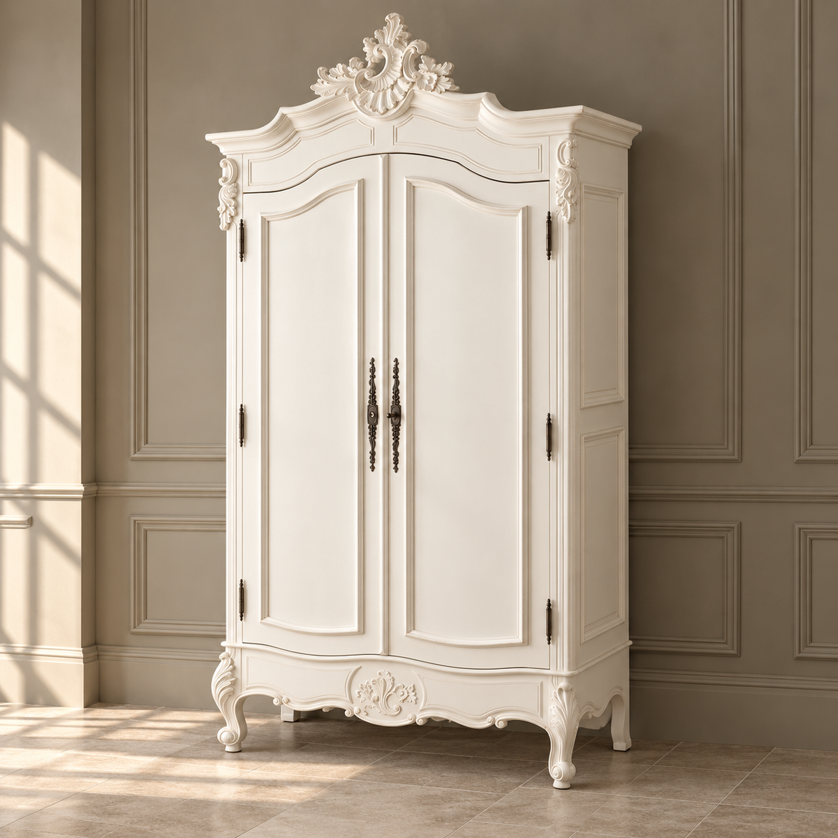 An ornate white carved armoire cabinet with two doors and dark metal handles, set against a beige paneled wall with soft sunlight streaming in from the left.