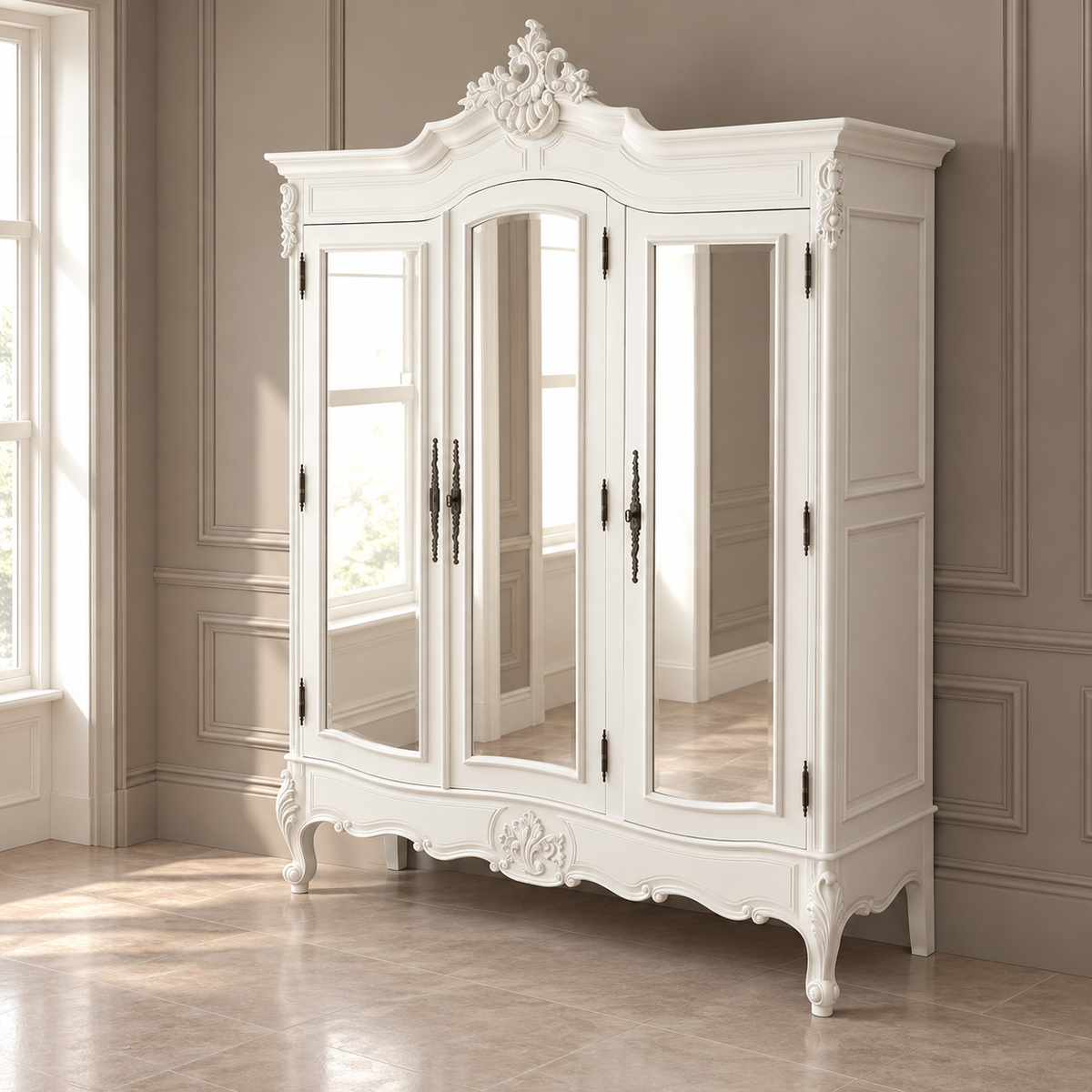 A tall white carved armoire or wardrobe with mirrored doors and dark metal handles, shown in a softly lit room with paneled walls and tiled floor.