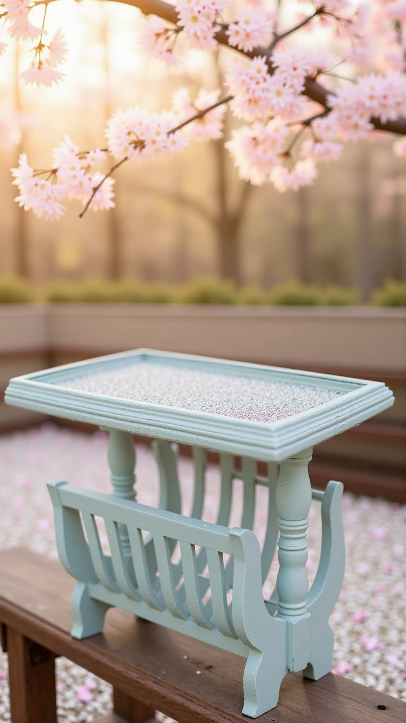 Teal side table with decorative top in a garden setting with cherry blossoms.