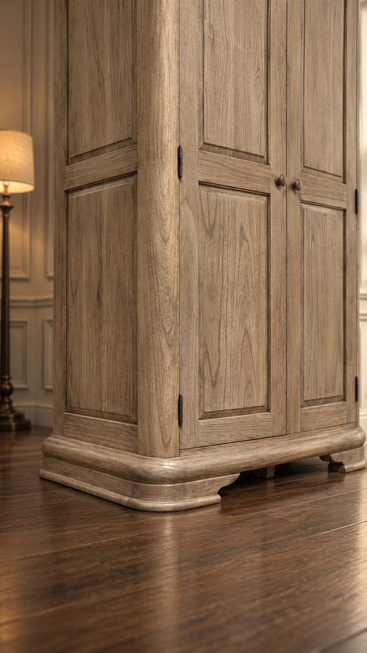 A corner wooden cabinet with paneled doors and a carved base, shown in a warm interior setting with hardwood flooring and a lit floor lamp.