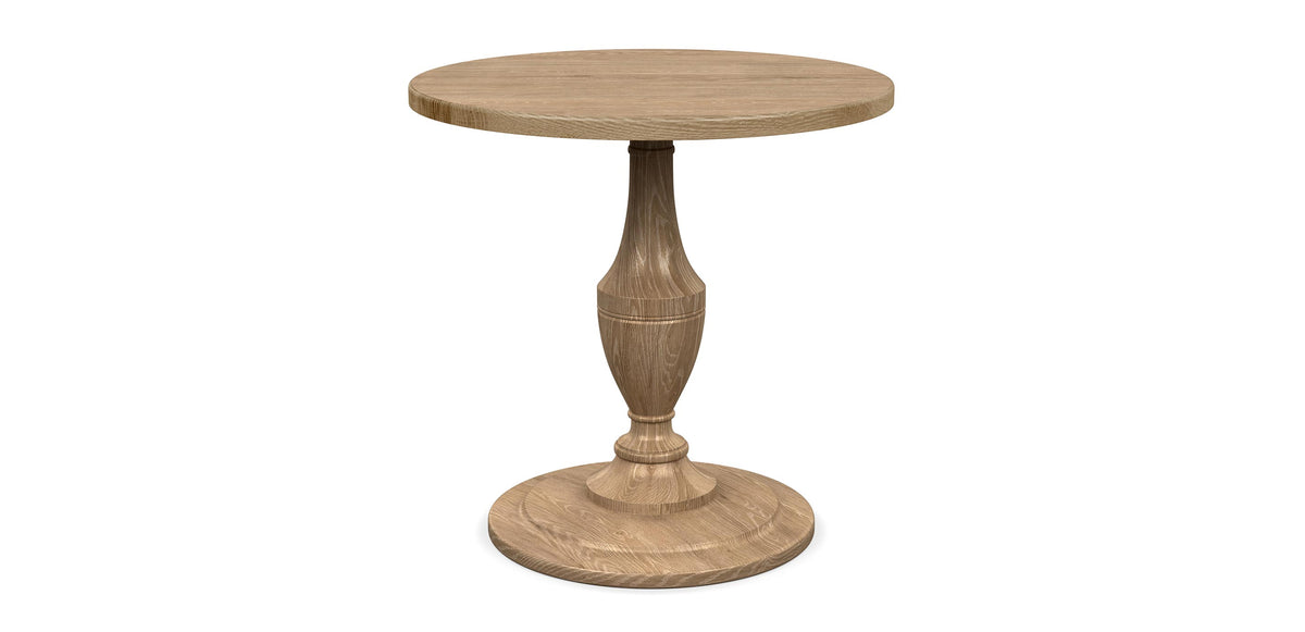 A rendering of the Eclipse Round Table with a white marble top and a natural polished teak wood base.