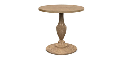 A rendering of the Eclipse Round Table with a white marble top and a natural polished teak wood base.