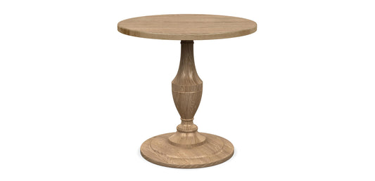 A rendering of the Eclipse Round Table with a white marble top and a natural polished teak wood base.