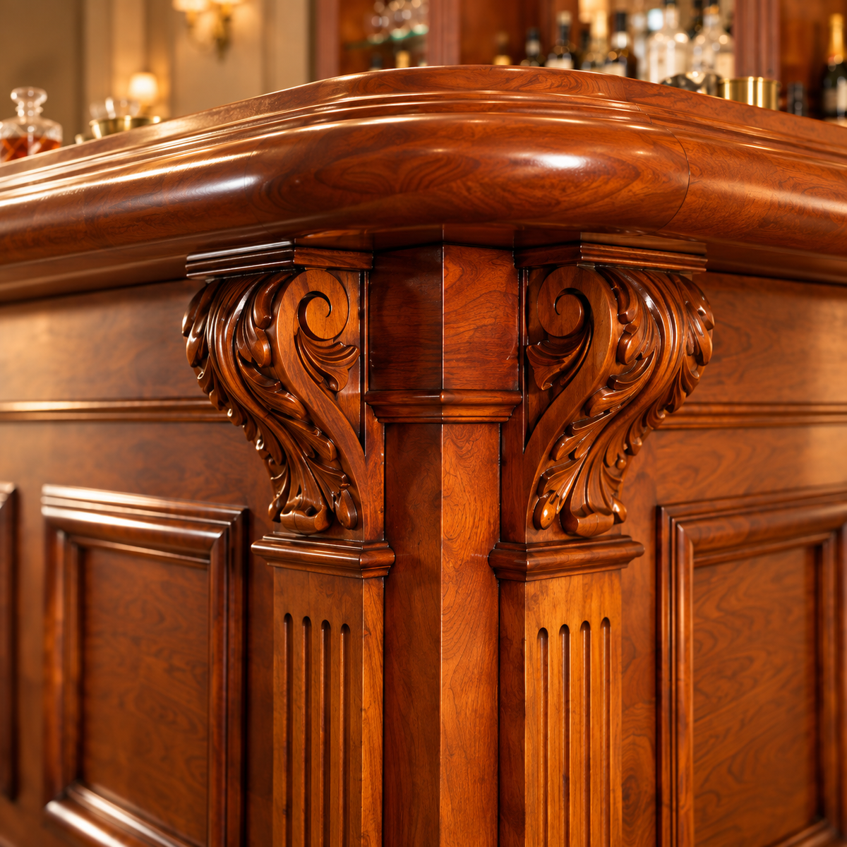 Close-up of a polished reddish-brown wooden bar counter corner with ornate carved corbels and paneling, set in a warmly lit bar interior.