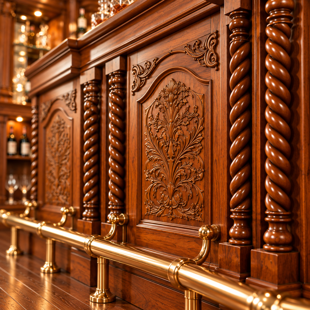 Close-up of an ornate wooden bar cabinet with carved floral panels and twisted brass posts, set in a warm bar interior.