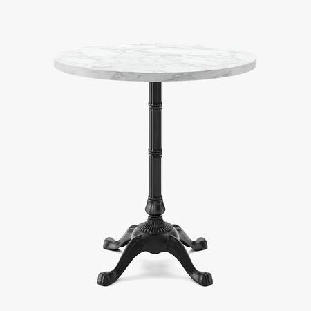 Round table with marble top and black metal base on a white background