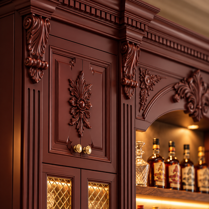 An ornate dark reddish-brown wooden cabinet with intricate carved floral details and gold-tone hardware, shown in a close-up interior view with warm lighting and bottles visible in the background.