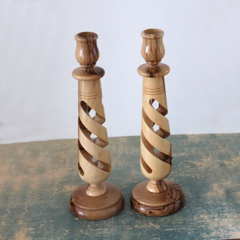 Rosé Spiral — Hand-Turned Wood Spiral Candle Holder Set