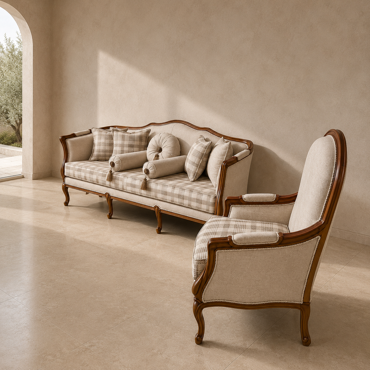 Vintage-style sofa and armchair with wooden frames in a sunlit room.