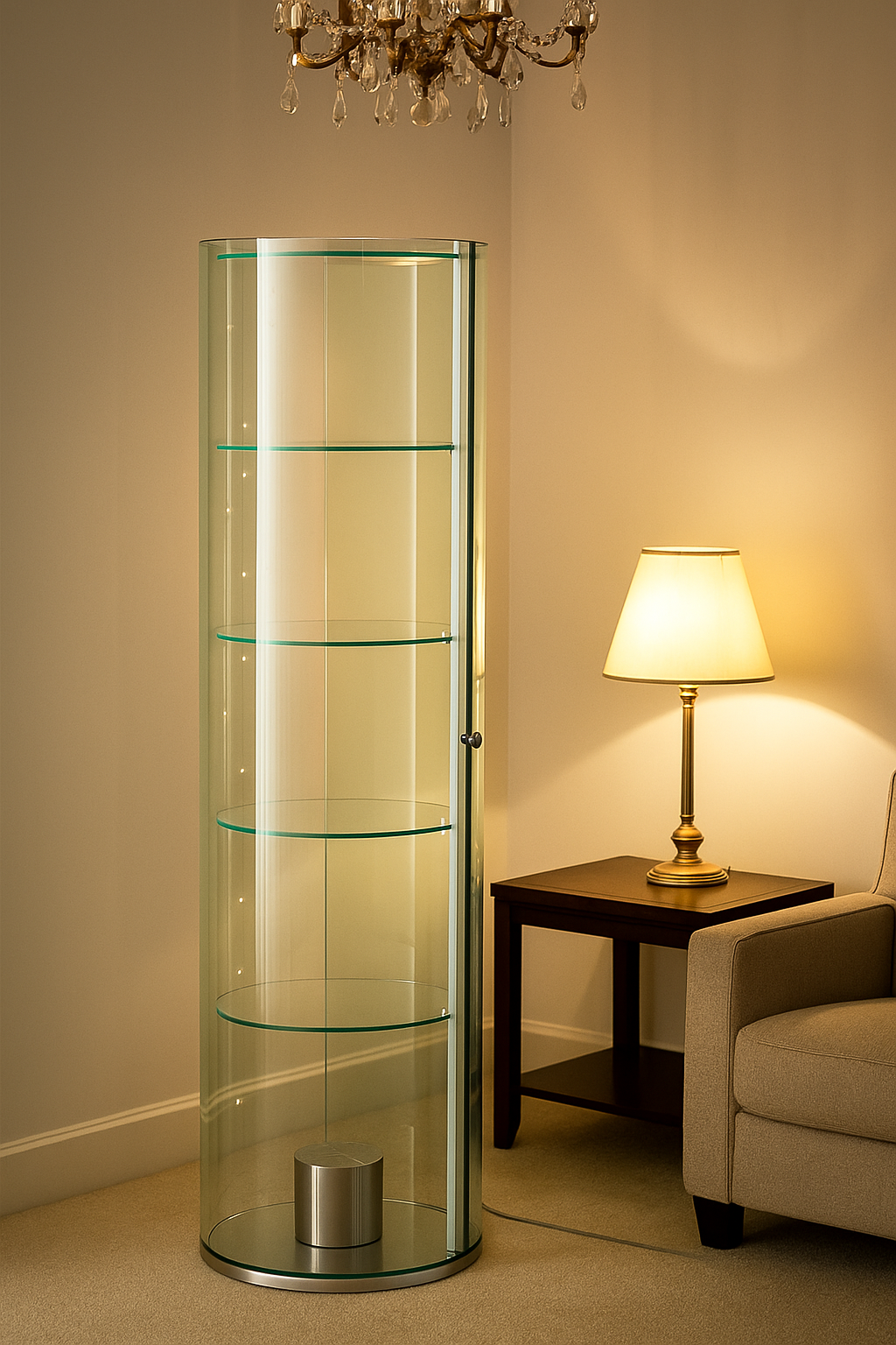 Glass display cabinet in a room with a lamp and sofa
