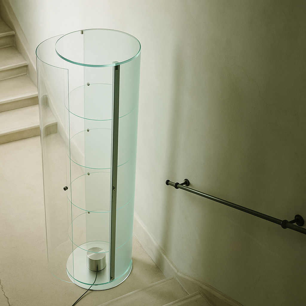 Glass display cabinet against a white wall with a staircase in the background