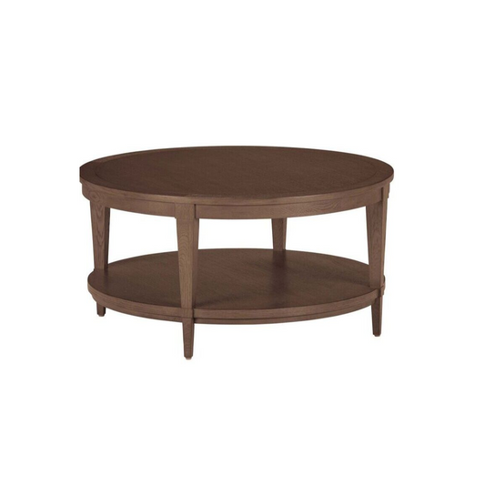 Round wooden coffee table with a shelf on a white background