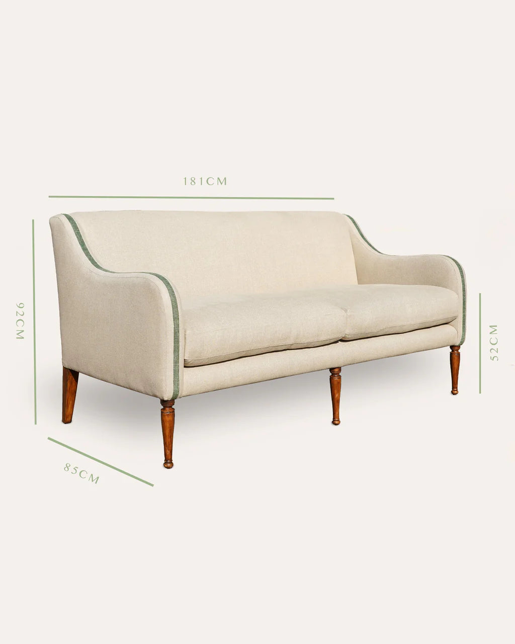 Beige sofa with dimensions on a white background