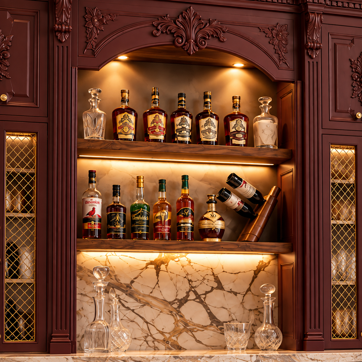 An ornate dark wood built-in bar cabinet with illuminated shelves, marble backsplash, and multiple liquor bottles and glass decanters displayed inside.