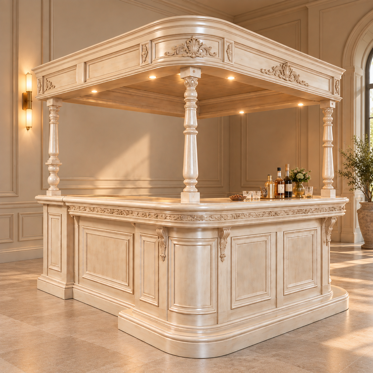 An ornate cream-colored wooden bar with a canopy and decorative pillars, set in a grand interior room with warm lighting.