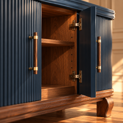 A close-up of a navy blue and wood cabinet with one door open, showing the wooden interior shelves and brass hardware, set against a softly lit background.