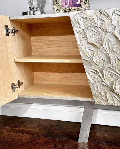 Petal Dust — Textured Carved Wood Three-Door Sideboard