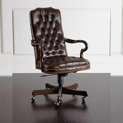 Brown leather office chair on a reflective surface with a white wall background