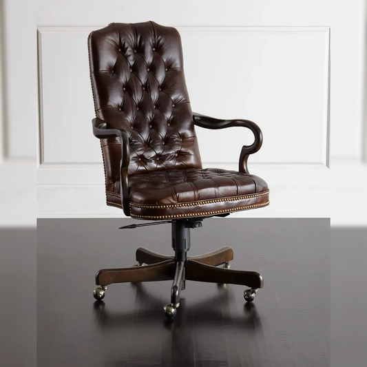 Brown leather office chair on a reflective surface with a white wall background